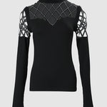 Rhinestone Hollow Out Cold Shoulder Long Sleeve Top Casual Tee