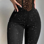 Glitter Cold Shoulder Adjustable Spaghetti Straps Lace Spliced Overalls Slim Fit Zipper Back Corset Jumpsuit