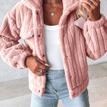 Textured Striped Turn-down Collar Button Front Elastic Cuff and Hem Teddy Fleece Jacket With Decorative Flap Pockets