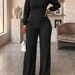 2 Pieces Outfit O-neck Long Sleeve Cinched Waist Sweatshirt and Elastic Waist Wide Leg Pants Set Casual Seam Design Sweatpants Set