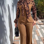 2 Pieces Outfit Leopard Print Spliced Tie Neck Long Sleeve Double Breasted Front Flap Detail Top and Zipper Fly Wide Leg Pants Set Casual Commuting Set