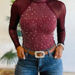 Women's Rhinestone Mesh Long Sleeve Top Mock Neck Sparkle Slim Fit Tee