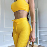 2 Pieces Outfit Halter Backless Tied Detail Crop Top and High Waist Drawstring Elastic Waist Slim Fit Flared Pants Set Casual Waffle Set