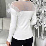Women's Ruffle Sheer Mesh Spliced Long Sleeve Ribbed Knit Top