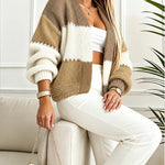 Women's Colorblock Knit Cardigan Chunky Knit Sweater Ribbed Trim Long Sleeve Casual Loose Knitwear