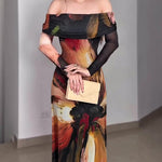 Women's Oil Painting Print Foldover Off-Shoulder Mesh Overlay Maxi Dress Long SleeveRuched Mermaid Long Dress
