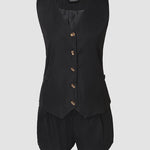 2 Pieces Outfit V-Neck Sleeveless Button Front Vest and Zipper Fly Colorblock Elastic Back Waist Shorts Set Casual Blazer Set