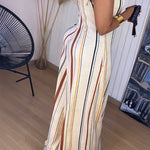 Women's V Neck Bow Tie Shoulder Striped Jumpsuit Casual Loose Wide Leg Overalls with Pockets