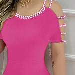 Cold Shoulder Beaded Slit Bodycon Dress Ruffle Hem Zipper Back Party Dress