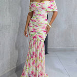 Floral Print Foldover Off Shoulder Ruched Maxi Dress Elegant Mermaid Hem Party Dress