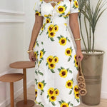 Women's Sunflower Print Midi Dress Puff Sleeve Tie Neck Sundress Shirred Back Slit A-Line Vacation Dress with Lining