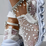 Floral Pattern Sheer Mesh Patch Round Toe Sneakers