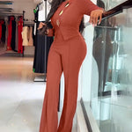 Golden Button Decor Long Sleeve Seam Front Overalls Casual Zipper Back Faux Two-Piece Commuting Jumpsuit