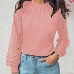 Contrast Lace Round Neck Lantern Sleeve Ruched Blouse Elegant Shirt