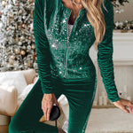 2 Pieces Outfit Contrast Sequin Ruched Long Sleeve Zip Up Coat and Elastic Waist Pants Set Casual Slim Fit Velvet Tracksuit