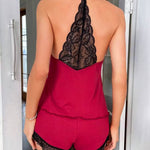Crochet Lace Trim Backless Cami Top And Shorts Set Pajams Set Sleepwear