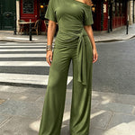 Women's Skew Neck 2 Piece Outfits Ruched Tie Waist Short Sleeve Top and High Waisted Wide Leg Pants Lounge Set