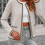 Women's Striped Knit Coat Contrast Binding Button Down Cardigan Round Neck Crop Blazer Coat with Pockets