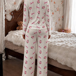 Women's Floral Bow Print Frill Trim Pajama Set Lace U-Neck Henley Long Sleeve Top and Pants Lounge Set
