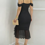 Women's Off Shoulder Mesh Dress Pearls Decor Strap Ruched Bodycon Dress Ruffle Hem Slit Evening Party Dress