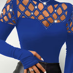 Rhinestone Hollow Out Cold Shoulder Long Sleeve Top Casual Tee