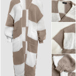 Women's Checkerboard Knit Cardigan Oversized Long Chunky Sweater Loose Lantern Sleeve Coat with Pockets