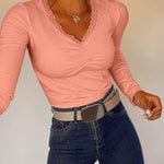 Women's Lace V Neck Ruched T Shirt Slim Fit Long Sleeve Tee Casual Elegant Top