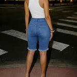 Women's Y2K Rhinestone Pearl Denim Bermuda Shorts Ripped Raw Hem Distressed Colorful Embellished Jean Shorts