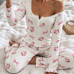 Women's Floral Bow Print Frill Trim Pajama Set Lace U-Neck Henley Long Sleeve Top and Pants Lounge Set