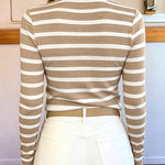 Women's Striped Knit Top Gold Button Long Sleeve Pullover Crewneck Slim Fit Knitwear Contrast Binding Sweater