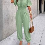Women's Cold Shoulder Jumpsuit Casual High Waist Shirred Cuffed Overalls with Pockets