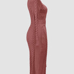 Cable Textured Overlap Deep V-Neck Long Sleeve Mid-Length Dress Tie Waist Slim Fit Knit Dress