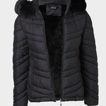 Zipper Pocket Design Shirred Fuzzy Trim Fleece Lined Hooded Puffer Jacket