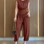 Padded Shoulders Sleeveless Cinched Waist Side High Slit Overalls Casual Hollow-out Back Ruched Jumpsuit