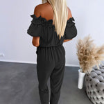 Frill Trim Off Shoulder Short Sleeve Tie Waist Overalls Casual Textured Jumpsuit