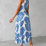 Women's Tropical Palm Leaf Print Halter Tie Midi Dress Sexy Hollow Out Ruched Slit Summer Vacation Dress