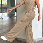 V-Neck Adjustable Thick Straps Denim Overalls Casual Shirred Back Wide Leg Suspender Jumpsuit