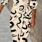 Abstract Print Turn-down Collar Tied Detail Ruched Dress Casual Wrap Front Vacation Dress