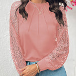 Contrast Lace Round Neck Lantern Sleeve Ruched Blouse Elegant Shirt