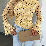 Women's Polka Dot Mesh Top Flare Long Sleeve Boat Neck Lined Asymmetric Frill Hem Blouse Vintage Party Shirt