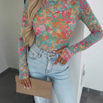 Women's Floral Print Sheer Mesh Top Long Sleeve Slim Fit Crewneck Layering Top with Thumb Hole Cuffs
