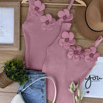 2 Pack Solid 3D Flower Tank Top Asymmetrical Neck Sleeveless Casual Ribbed Knit Camisole