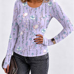 Women's Floral Print Slim Fit Crewneck Long Sleeve Top with Thumbholes