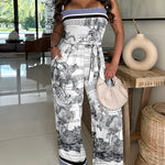 CHICME Women's Landscape Print Stretchy Straps Shirred Romper Convertible Strapless Wide Leg Bandeau Jumpsuit with Belt