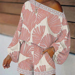 Women's Tropical Leaf Print 2 Piece Set Skew Neck Lantern Sleeve Top and Elastic Waist Shorts with Pockets & Lace
