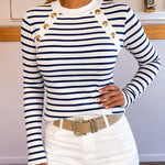 Women's Striped Crew Neck Knit Top Causal Gold Button Detail Long Sleeve Top