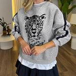 Women's Leopard Flocking Graphic Sweatshirt Crewneck Long Sleeve Pullover Casual Contrast Stripe Top