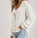 Women's Cable Knit Cardigan V Neck Button Down Chunky Knit Sweater Loose Lantern Sleeve Warm Outerwear