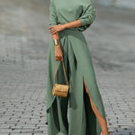 2 Pieces Outfit Cold Shoulder Ruched Batwing Sleeve Top and Casual Elastic Back Wrapped Slit Wide Leg Pants Set
