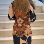 Vintage Baroque Deep V Neck Long Sleeve Slit Bodycon Dress Ruched Slim Fit Vacation Dress